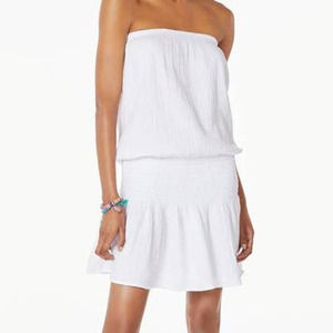 Bobi Strapless Smocked Waist Strapless Gauze Cotton Dress Coverup White Medium M